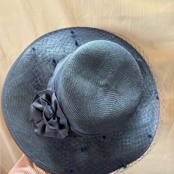 Vintage Summer‎ Navy Blue Woven Fishnet Veil Boater Hat - Picture 6 of 8